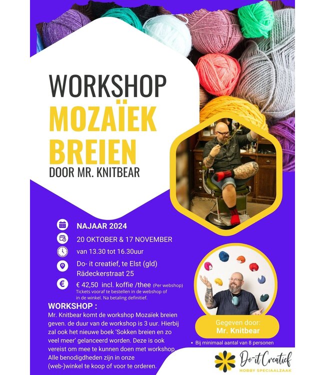 Workshop Mozaiek breien (Mr. Knitbear) zondag 20 okt.