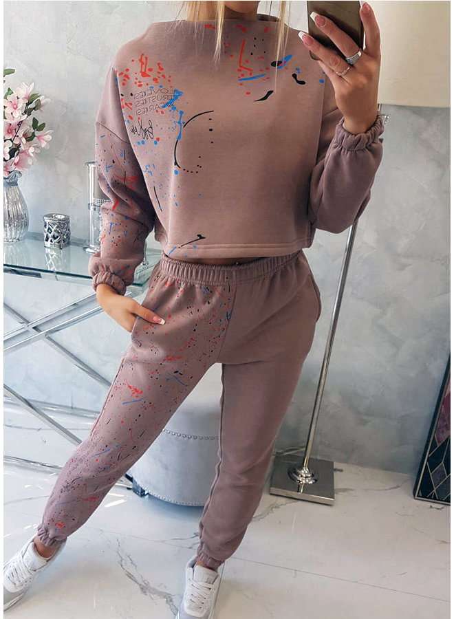 Dames Huispak Trainingspak Cropped Spetters Cappuccino