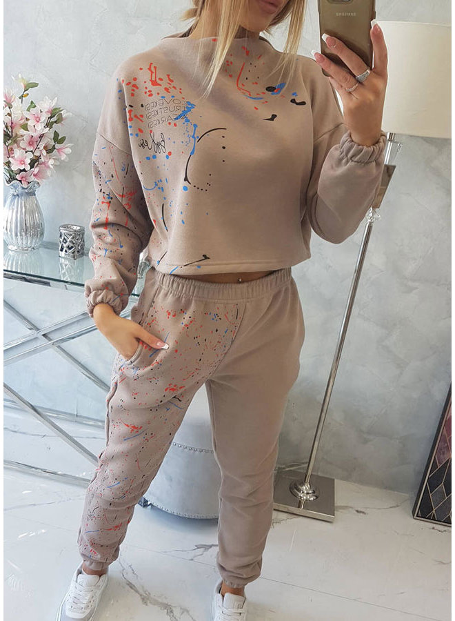 Dames Huispak Trainingspak Cropped Spetters Beige