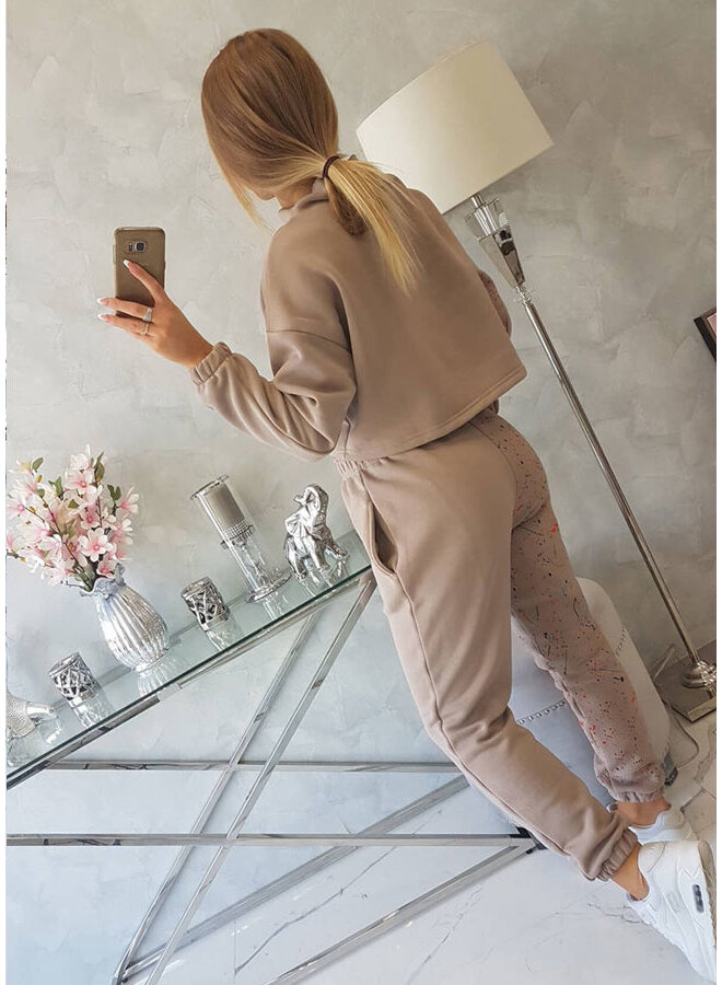 Dames Huispak Trainingspak Cropped Spetters Beige