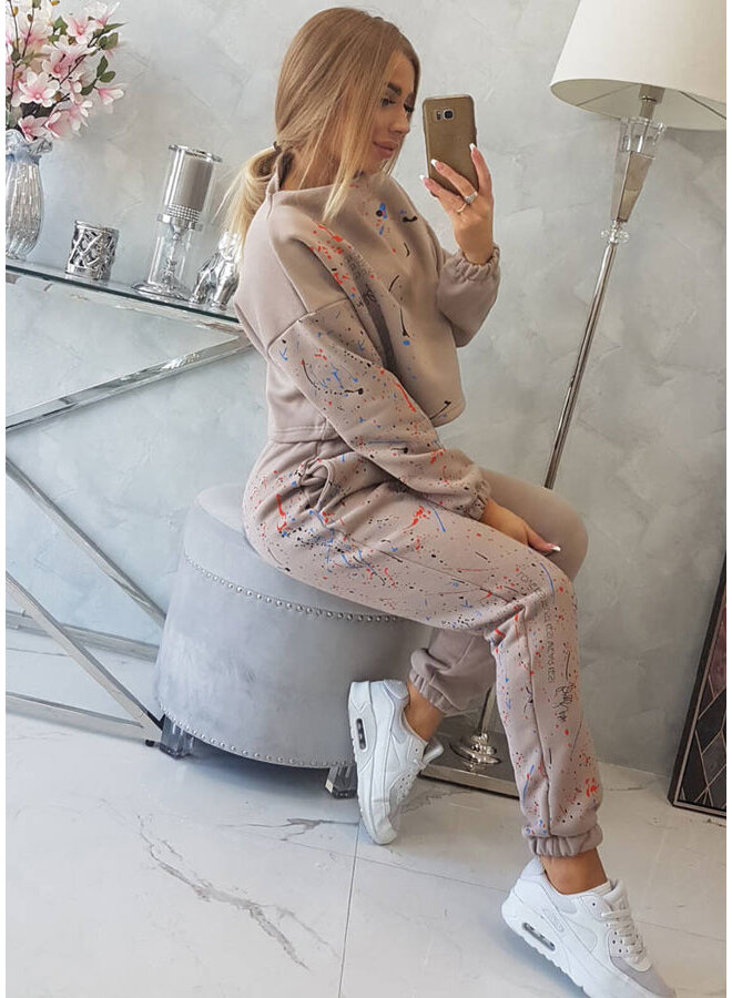 Dames Huispak Trainingspak Cropped Spetters Beige