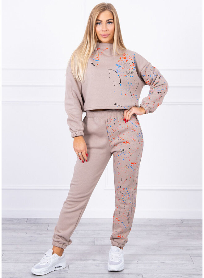 Dames Huispak Trainingspak Cropped Spetters Beige