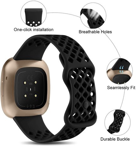 Strap-it Strap-it Bracelet silicone avec trous Fitbit Sense (noir)