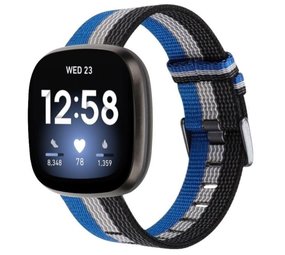 Strap-it Bracelet nylon boucle Fitbit Versa 3 (noir-blanc-bleu)