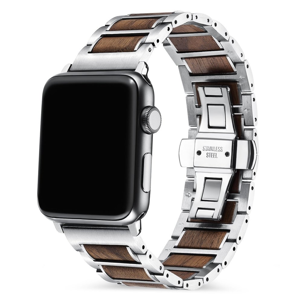 Strap-it Strap-it Bracelet acier/bois Apple Watch 8 (argent/marron)