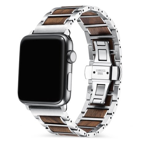 Strap-it Strap-it Bracelet acier/bois Apple Watch 8 (argent/marron)