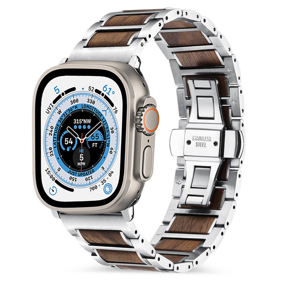 Strap-it Strap-it Bracelet acier bois Apple Watch Ultra (argent/marron)