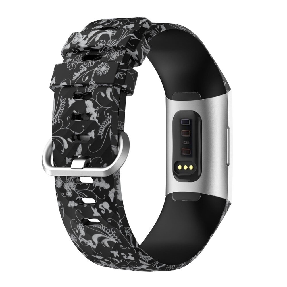 Strap-it Strap-it Bracelet silicone Black Flower Fitbit Charge 3 / 4