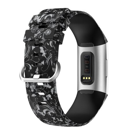 Strap-it Strap-it Bracelet silicone Black Flower Fitbit Charge 3 / 4