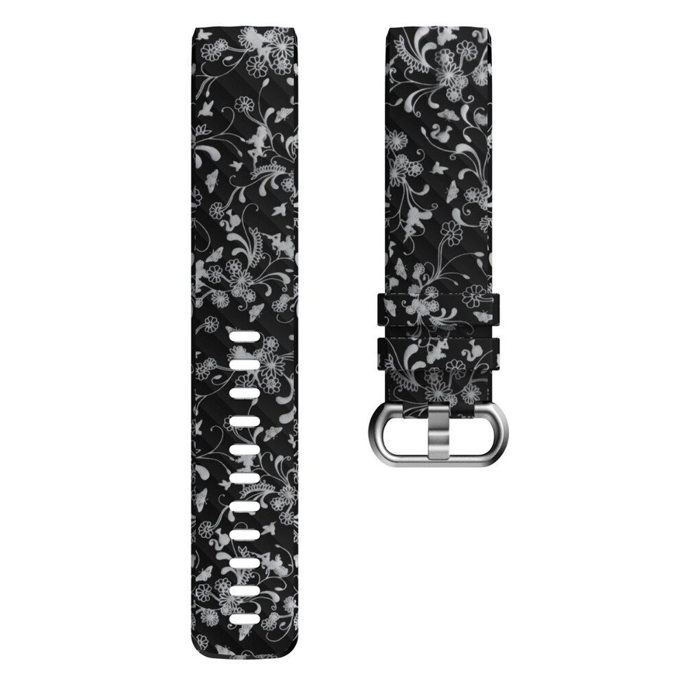 Strap-it Strap-it Bracelet silicone Black Flower Fitbit Charge 3 / 4