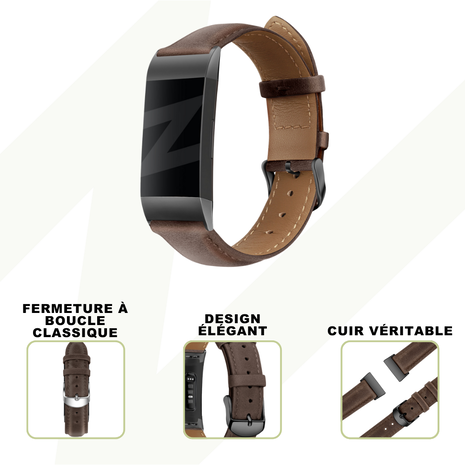 Bandz Bandz Bracelet cuir véritable Fitbit Charge 3 (marron foncé)