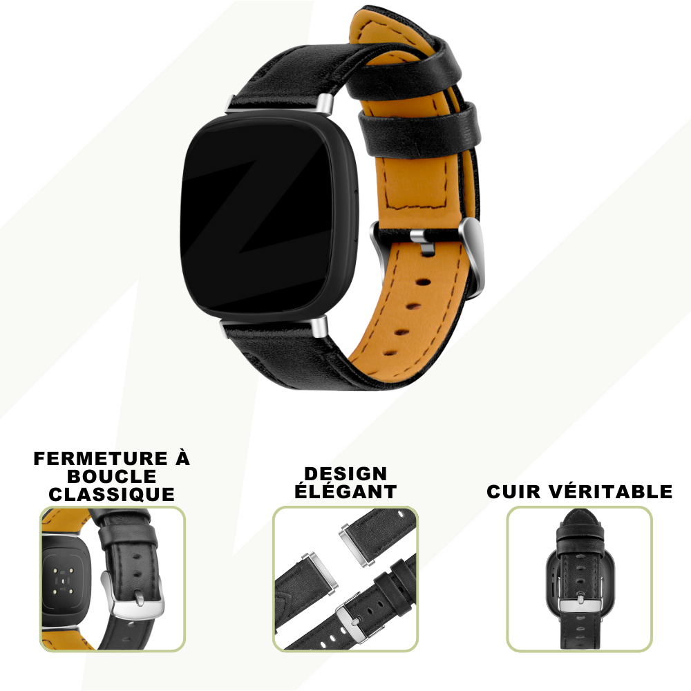 Bandz Bandz Bracelet cuir "Deluxe" Fitbit Versa 3 (noir)
