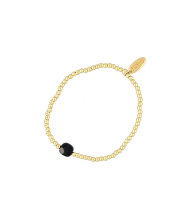 Fushi - Bracelet Halfedelsteen - Onyx Bead / 14 Krt Gold