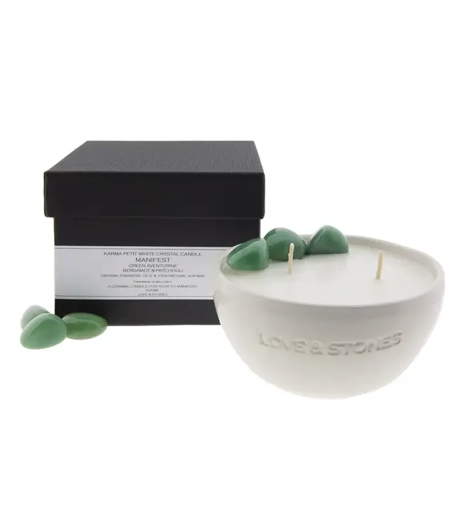 Love & Stones - Medium Manifest - Aventurine Chrystal infused candle - White Ceramic