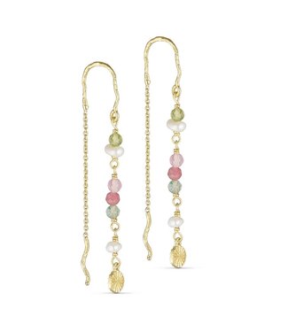 Pure By Nat Pure By Nat - Chain Earrings with Natural Stones and Pearls - Goldplated Green Rose 45780
