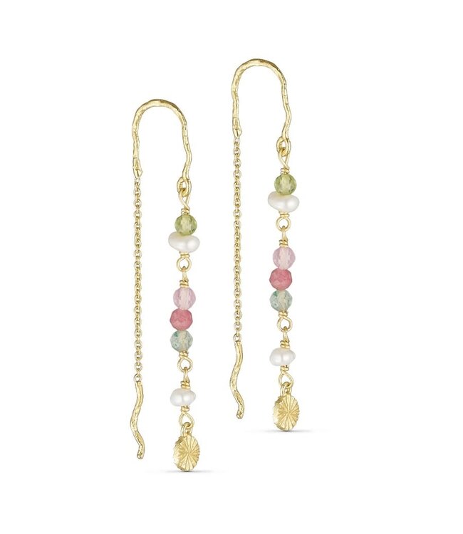 Pure By Nat - Chain Earrings with Natural Stones and Pearls - Goldplated Green Rose 45780