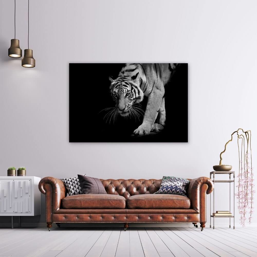 Schilderij Wandelende tijger in zwart-wit | 150 x 100 cm glasschilderij Schilderij Wandelende tijger in zwart-wit | 150 x 100 cm glasschilderij