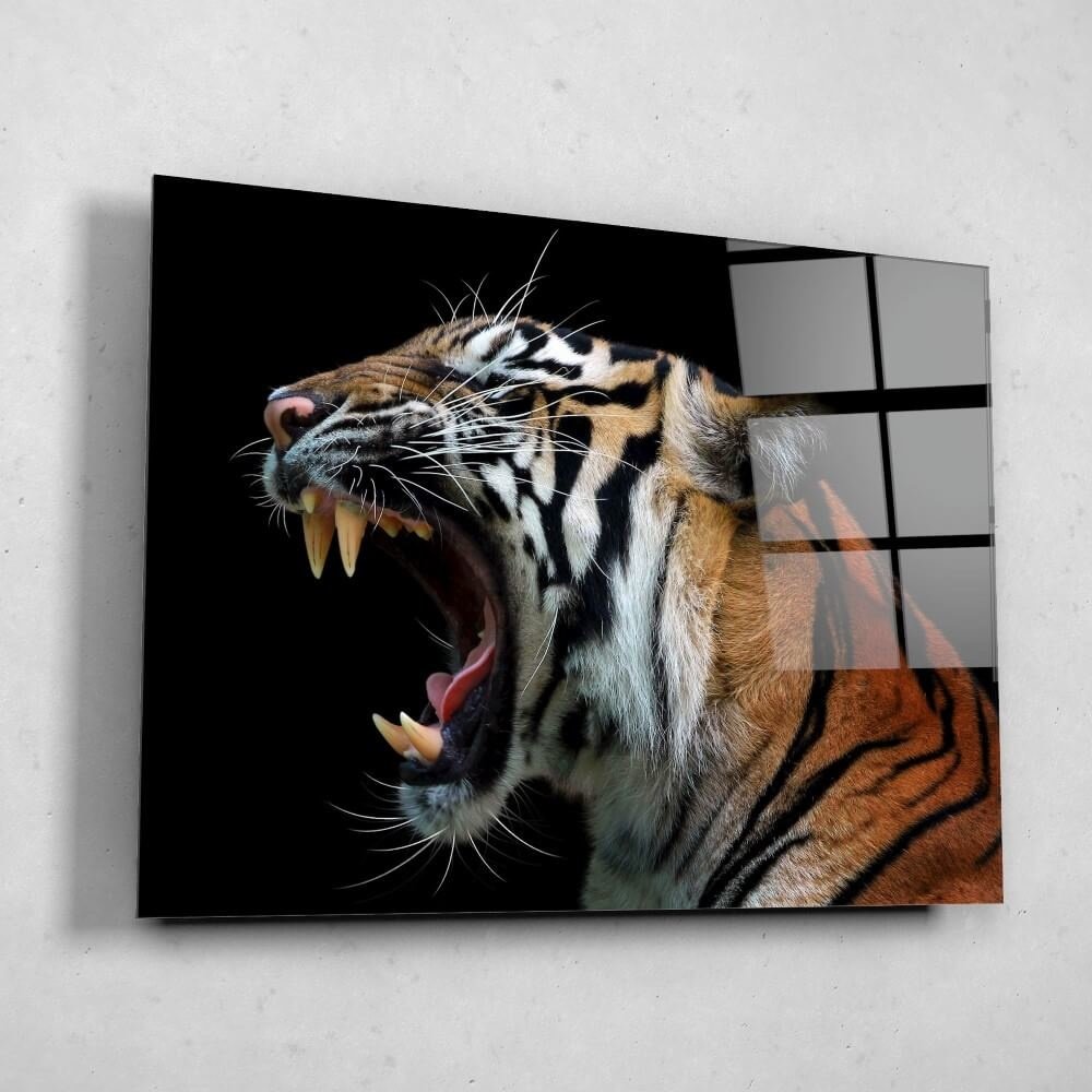 Schilderij Schitterend hoofd van Sumatraanse tijger | 120 x 90 cm glasschilderij Schilderij Schitterend hoofd van Sumatraanse tijger | 120 x 90 cm glasschilderij