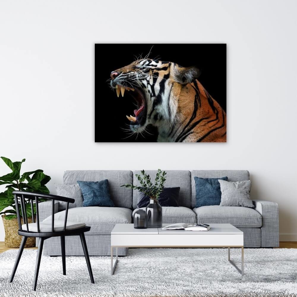 Schilderij Schitterend hoofd van Sumatraanse tijger | 120 x 90 cm glasschilderij Schilderij Schitterend hoofd van Sumatraanse tijger | 120 x 90 cm glasschilderij