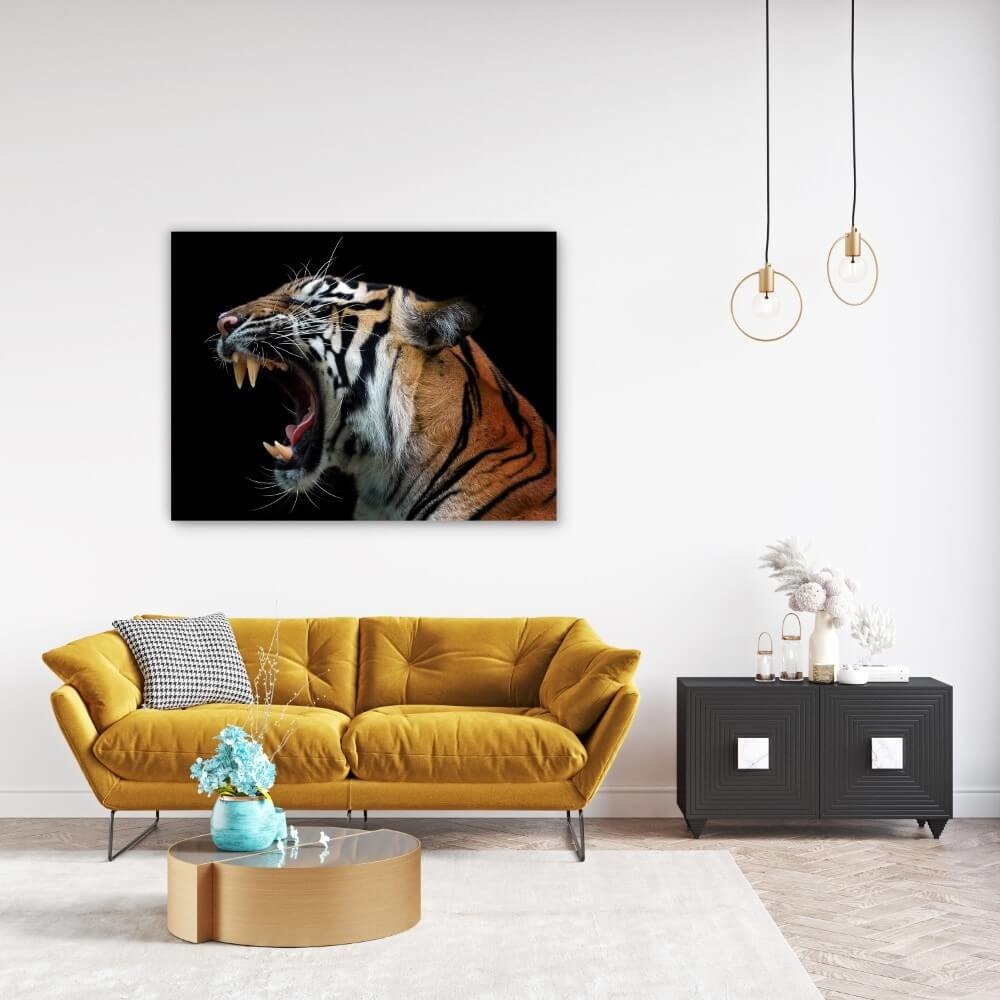 Schilderij Schitterend hoofd van Sumatraanse tijger | 120 x 90 cm glasschilderij Schilderij Schitterend hoofd van Sumatraanse tijger | 120 x 90 cm glasschilderij