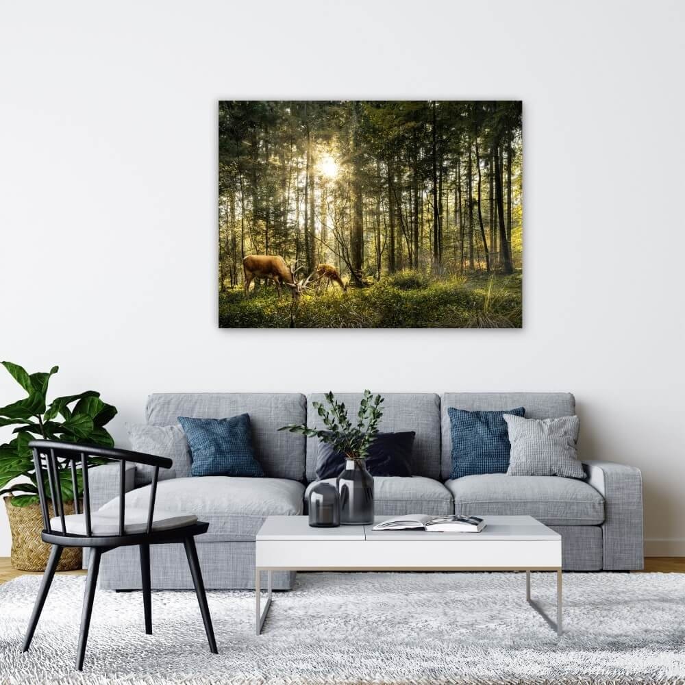 Schilderij Reeën grazen in het prachtige bos | 120 x 90 cm glasschilderij Schilderij Reeën grazen in het prachtige bos | 120 x 90 cm glasschilderij