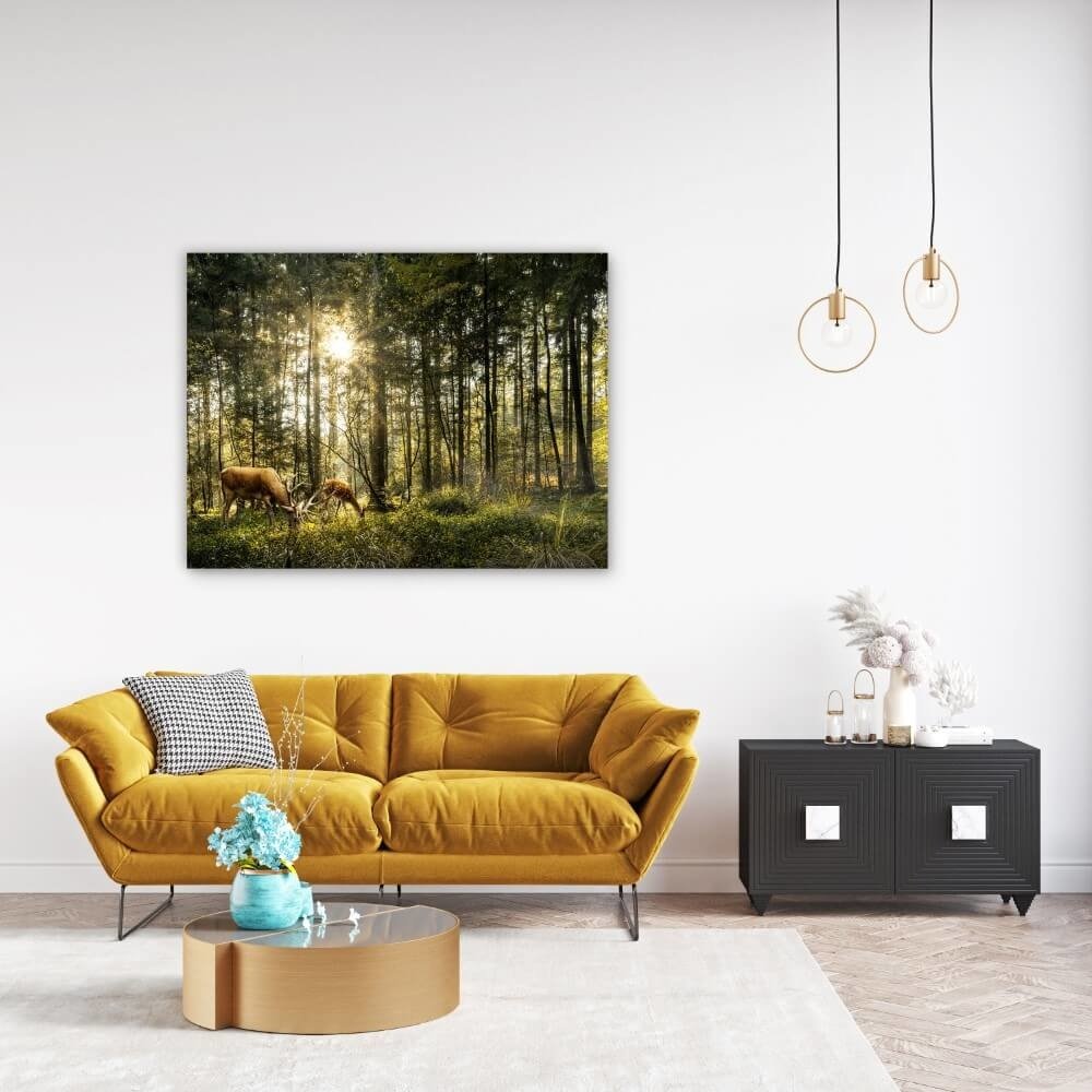 Schilderij Reeën grazen in het prachtige bos | 120 x 90 cm glasschilderij Schilderij Reeën grazen in het prachtige bos | 120 x 90 cm glasschilderij