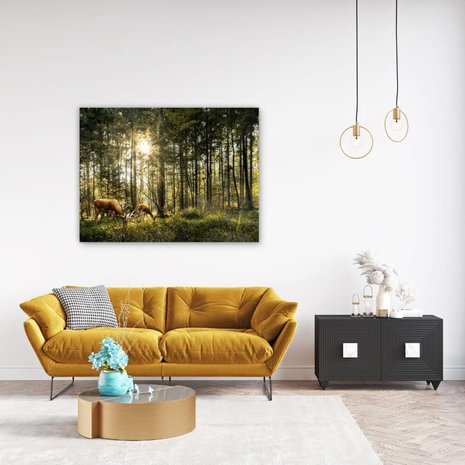Schilderij Reeën grazen in het prachtige bos | 120 x 90 cm glasschilderij Schilderij Reeën grazen in het prachtige bos | 120 x 90 cm glasschilderij