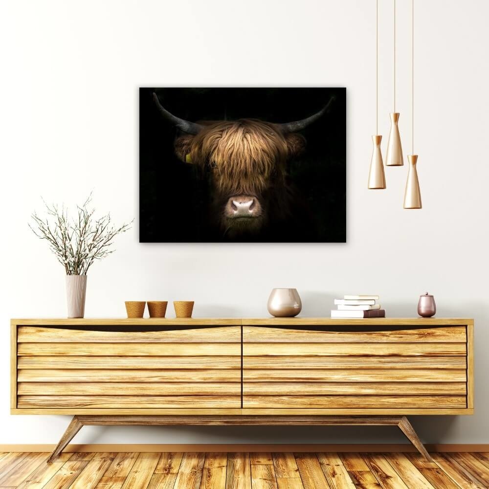 Schilderij Fantastisch portret van een Schotse hooglander | 80 x 60 cm glasschilderij Schilderij Fantastisch portret van een Schotse hooglander | 80 x 60 cm glasschilderij