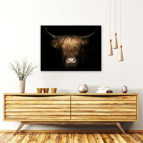 Schilderij Fantastisch portret van een Schotse hooglander | 80 x 60 cm glasschilderij Schilderij Fantastisch portret van een Schotse hooglander | 80 x 60 cm glasschilderij