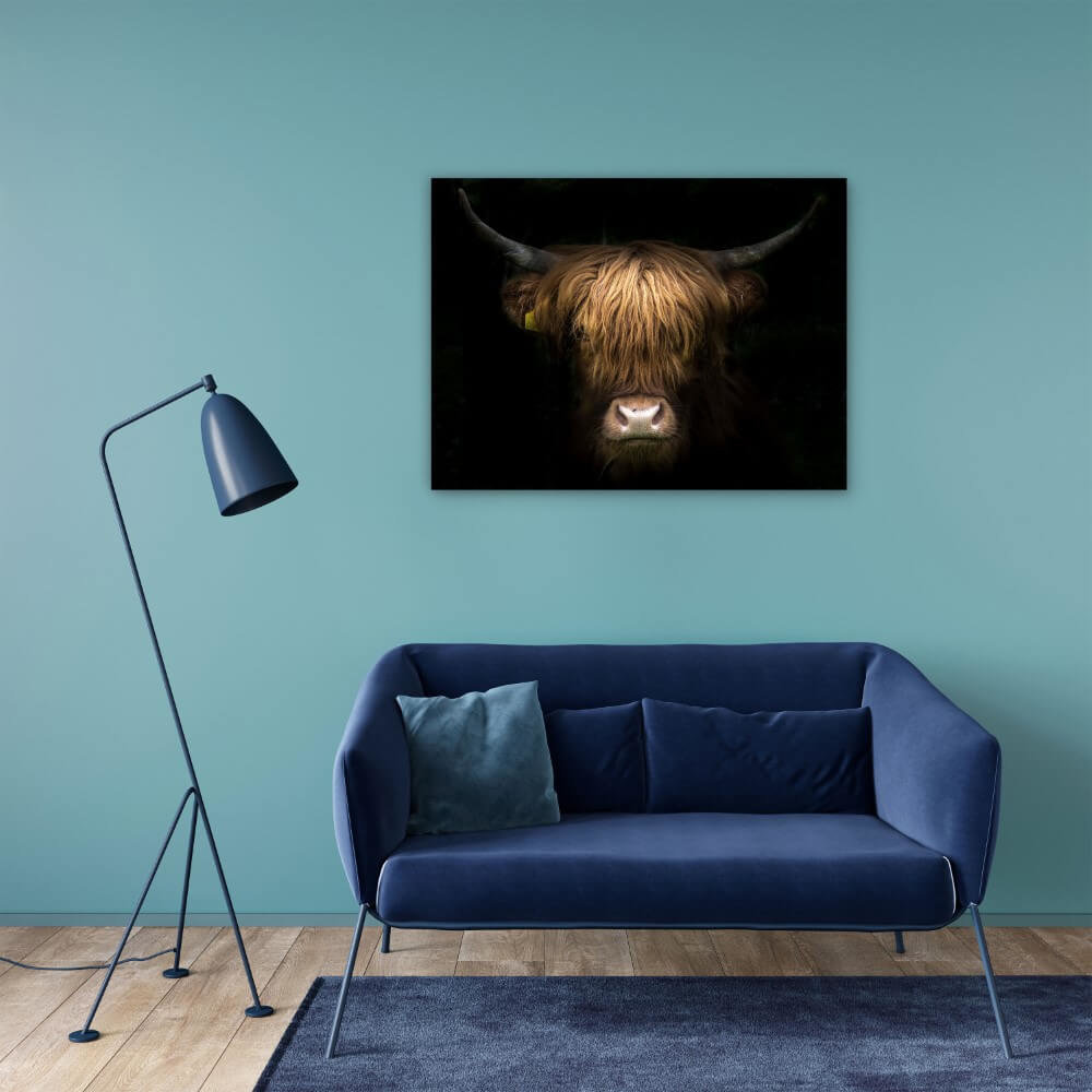 Schilderij Fantastisch portret van een Schotse hooglander | 80 x 60 cm glasschilderij Schilderij Fantastisch portret van een Schotse hooglander | 80 x 60 cm glasschilderij