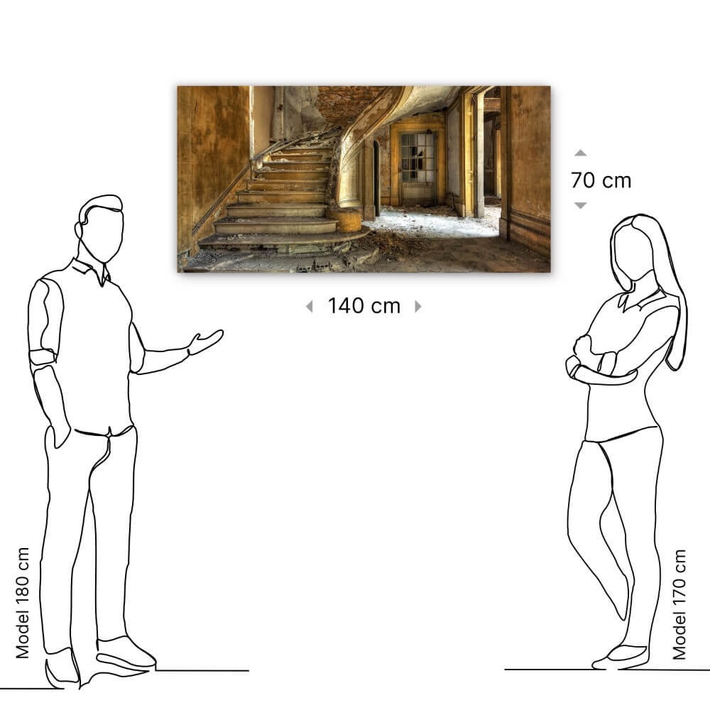 Schilderij Enorme stenen trap in een verlaten fabriek | 140 x 70 cm glasschilderij Schilderij Enorme stenen trap in een verlaten fabriek | 140 x 70 cm glasschilderij