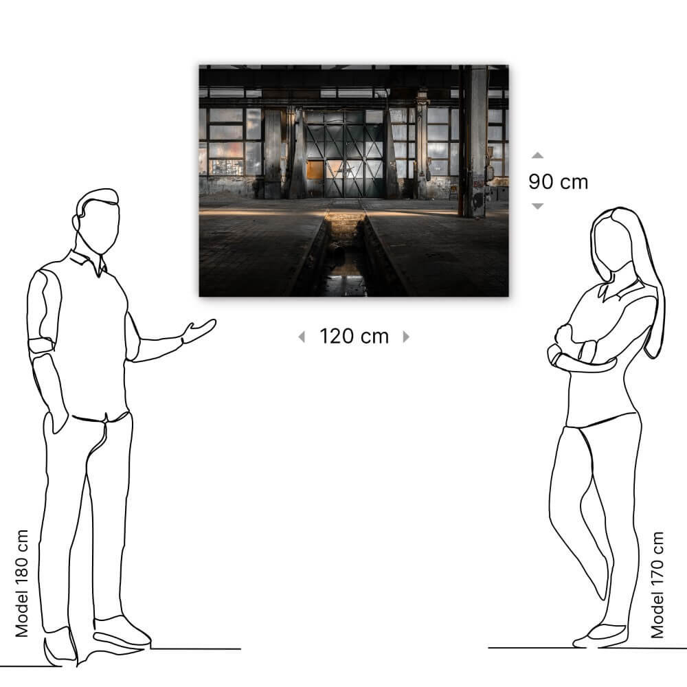 Schilderij Inrichting van een verlaten industriegebouw | 120 x 90 cm glasschilderij Schilderij Inrichting van een verlaten industriegebouw | 120 x 90 cm glasschilderij