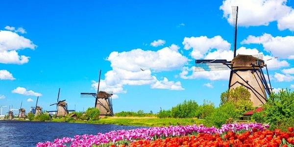 Schilderij Kleurrijk lentelandschap met beroemde molens | 140 x 70 cm glasschilderij Schilderij Kleurrijk lentelandschap met beroemde molens | 140 x 70 cm glasschilderij