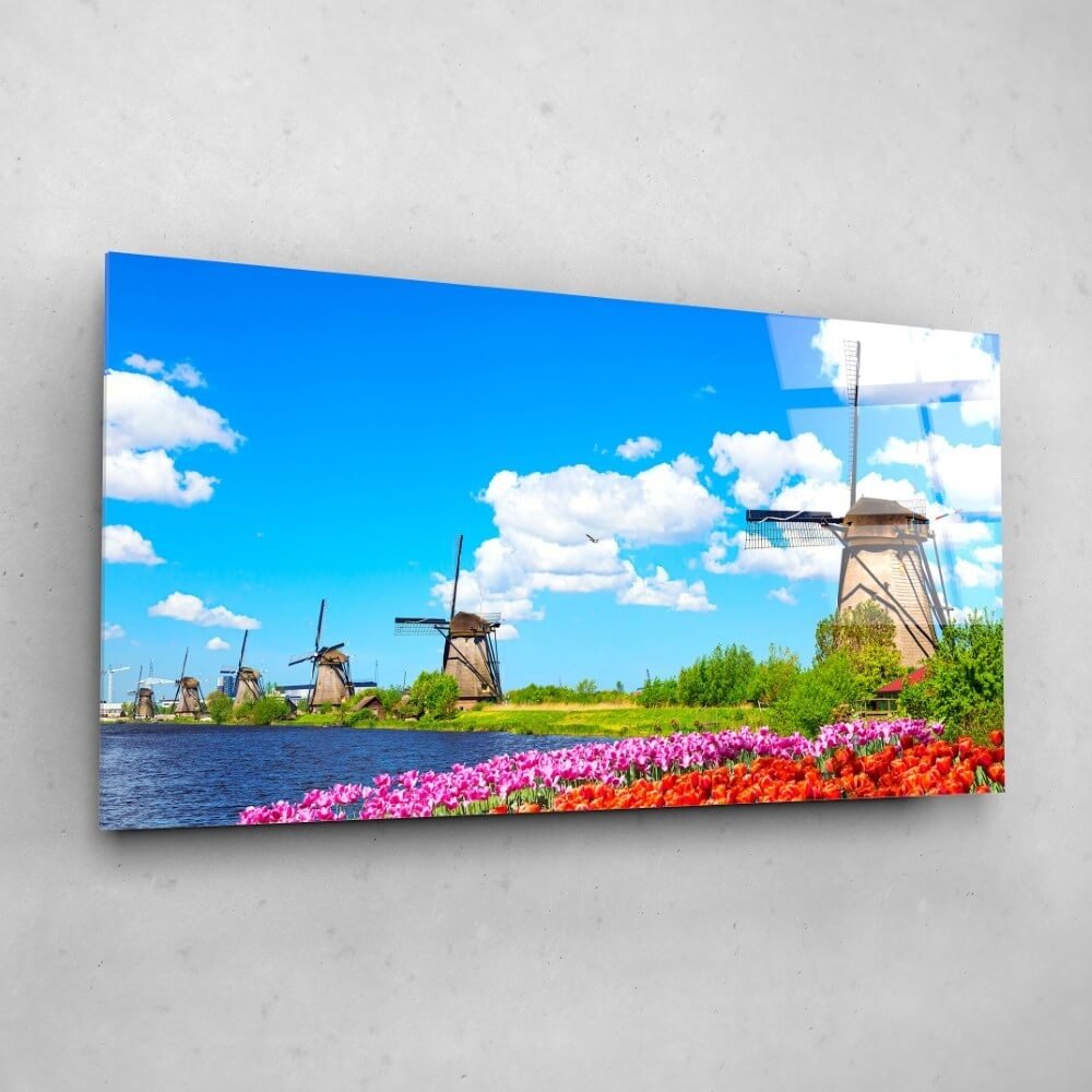 Schilderij Kleurrijk lentelandschap met beroemde molens | 140 x 70 cm glasschilderij Schilderij Kleurrijk lentelandschap met beroemde molens | 140 x 70 cm glasschilderij
