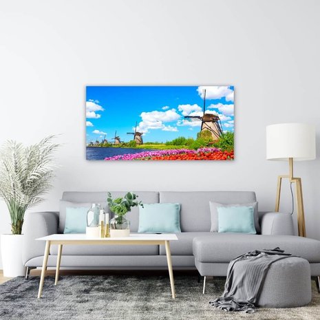 Schilderij Kleurrijk lentelandschap met beroemde molens | 140 x 70 cm glasschilderij Schilderij Kleurrijk lentelandschap met beroemde molens | 140 x 70 cm glasschilderij