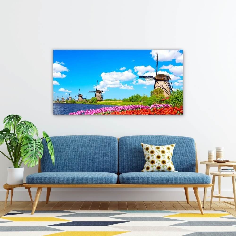 Schilderij Kleurrijk lentelandschap met beroemde molens | 140 x 70 cm glasschilderij Schilderij Kleurrijk lentelandschap met beroemde molens | 140 x 70 cm glasschilderij