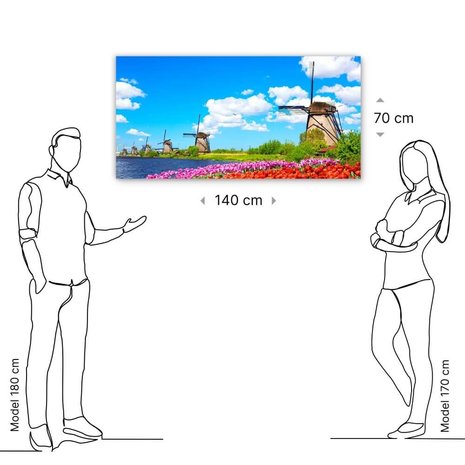 Schilderij Kleurrijk lentelandschap met beroemde molens | 140 x 70 cm glasschilderij Schilderij Kleurrijk lentelandschap met beroemde molens | 140 x 70 cm glasschilderij