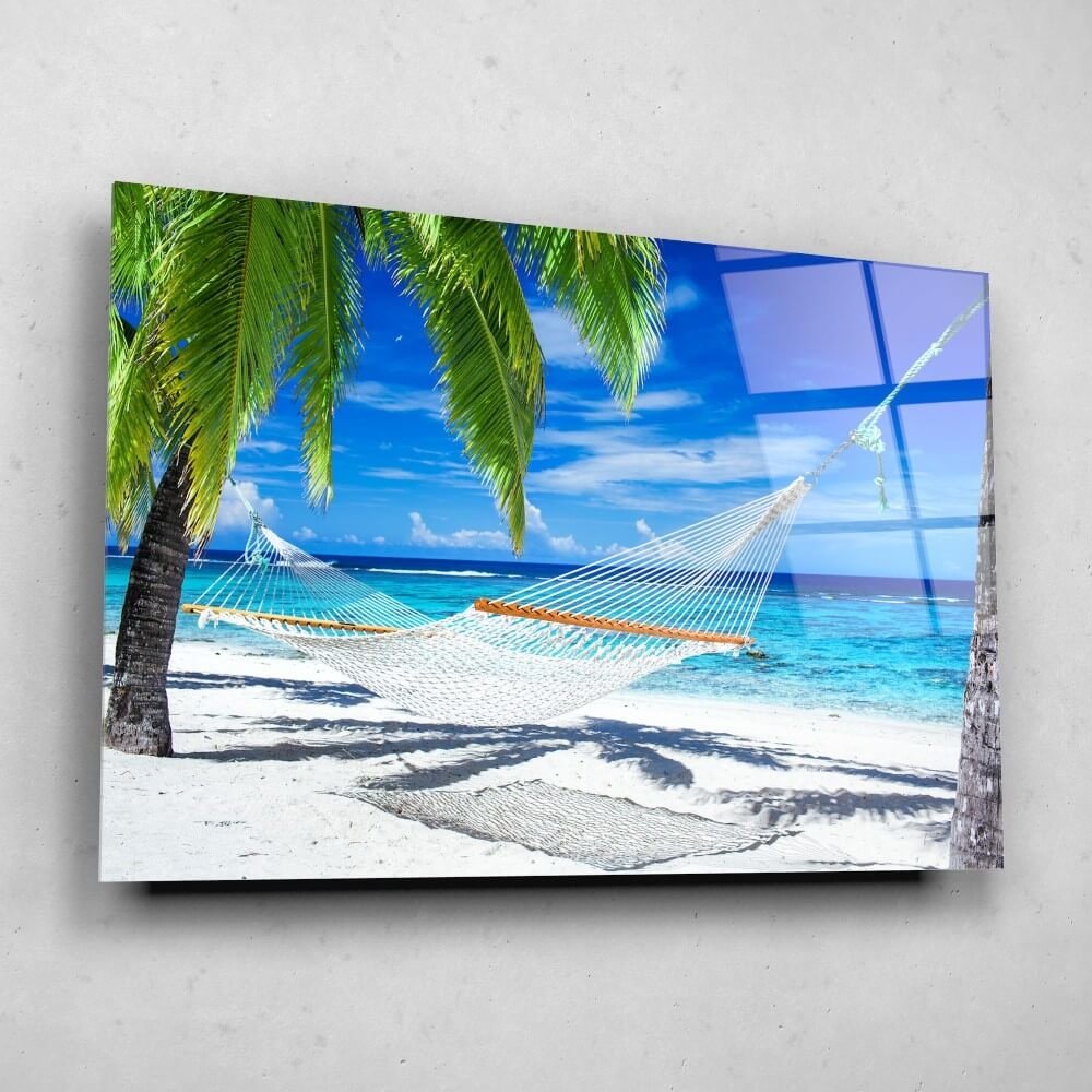 Schilderij Hangmat tussen palmbomen op tropisch strand | 90 x 60 cm glasschilderij Schilderij Hangmat tussen palmbomen op tropisch strand | 90 x 60 cm glasschilderij