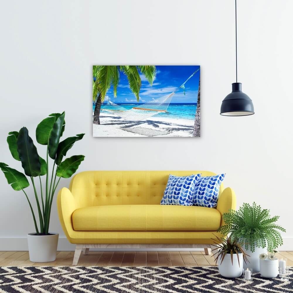 Schilderij Hangmat tussen palmbomen op tropisch strand | 90 x 60 cm glasschilderij Schilderij Hangmat tussen palmbomen op tropisch strand | 90 x 60 cm glasschilderij