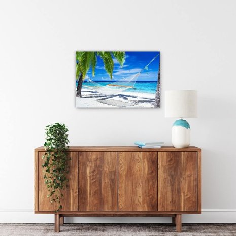 Schilderij Hangmat tussen palmbomen op tropisch strand | 90 x 60 cm glasschilderij Schilderij Hangmat tussen palmbomen op tropisch strand | 90 x 60 cm glasschilderij