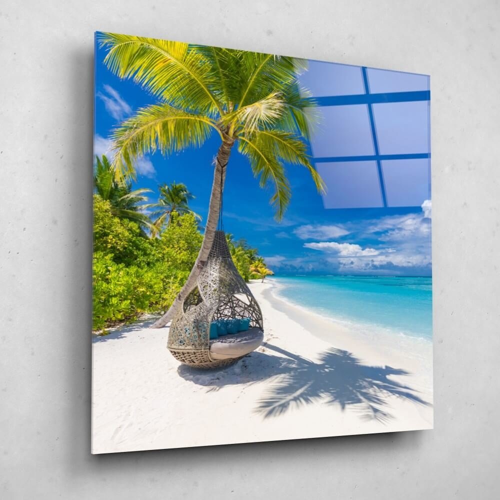 Kostbaar Mathis niemand Relax strandstoel op wit zandstrand en bij een kalme zee • 70 x 70 cm •  Glazenschilderijen.nl
