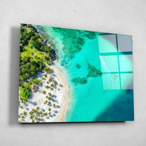 Schilderij Luchtfoto van prachtig tropisch Caraïbisch eiland | 120 x 90 cm glasschilderij Schilderij Luchtfoto van prachtig tropisch Caraïbisch eiland | 120 x 90 cm glasschilderij