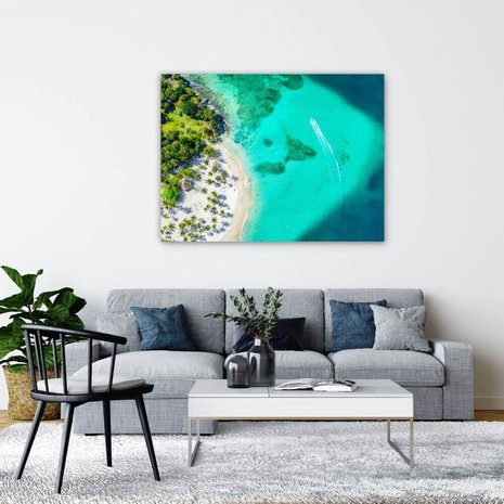 Schilderij Luchtfoto van prachtig tropisch Caraïbisch eiland | 120 x 90 cm glasschilderij Schilderij Luchtfoto van prachtig tropisch Caraïbisch eiland | 120 x 90 cm glasschilderij