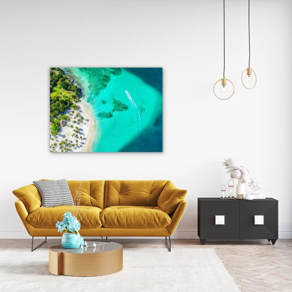 Schilderij Luchtfoto van prachtig tropisch Caraïbisch eiland | 120 x 90 cm glasschilderij Schilderij Luchtfoto van prachtig tropisch Caraïbisch eiland | 120 x 90 cm glasschilderij