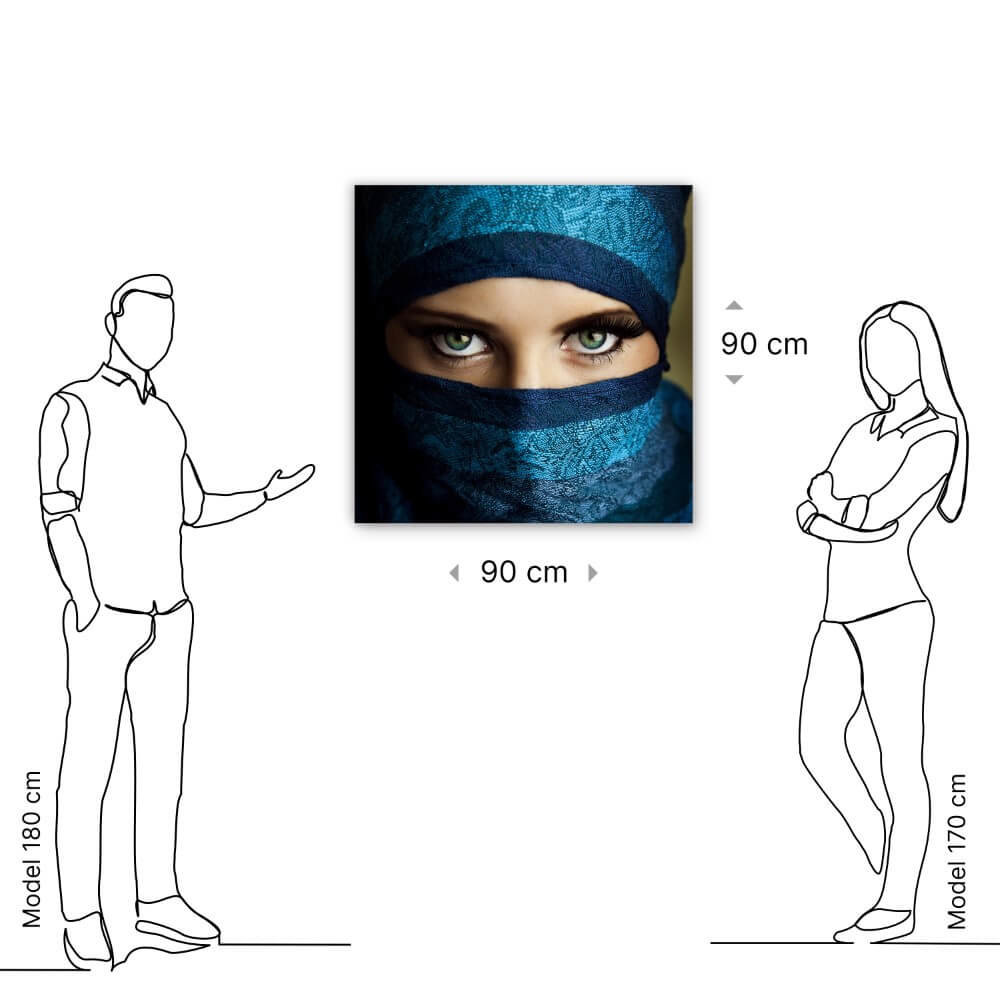Schilderij Jonge Arabische vrouw in hijab met sexy blauwe ogen | 90 x 90 cm glasschilderij Schilderij Jonge Arabische vrouw in hijab met sexy blauwe ogen | 90 x 90 cm glasschilderij