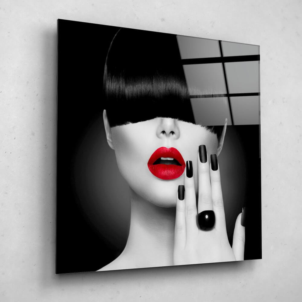 Schilderij Trendy haarstijl en make-up | 60 x 60 cm glasschilderij Schilderij Trendy haarstijl en make-up | 60 x 60 cm glasschilderij