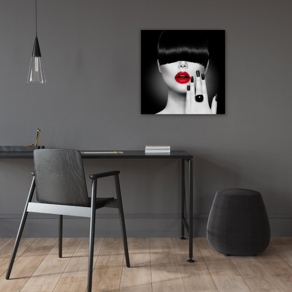 Schilderij Trendy haarstijl en make-up | 60 x 60 cm glasschilderij Schilderij Trendy haarstijl en make-up | 60 x 60 cm glasschilderij