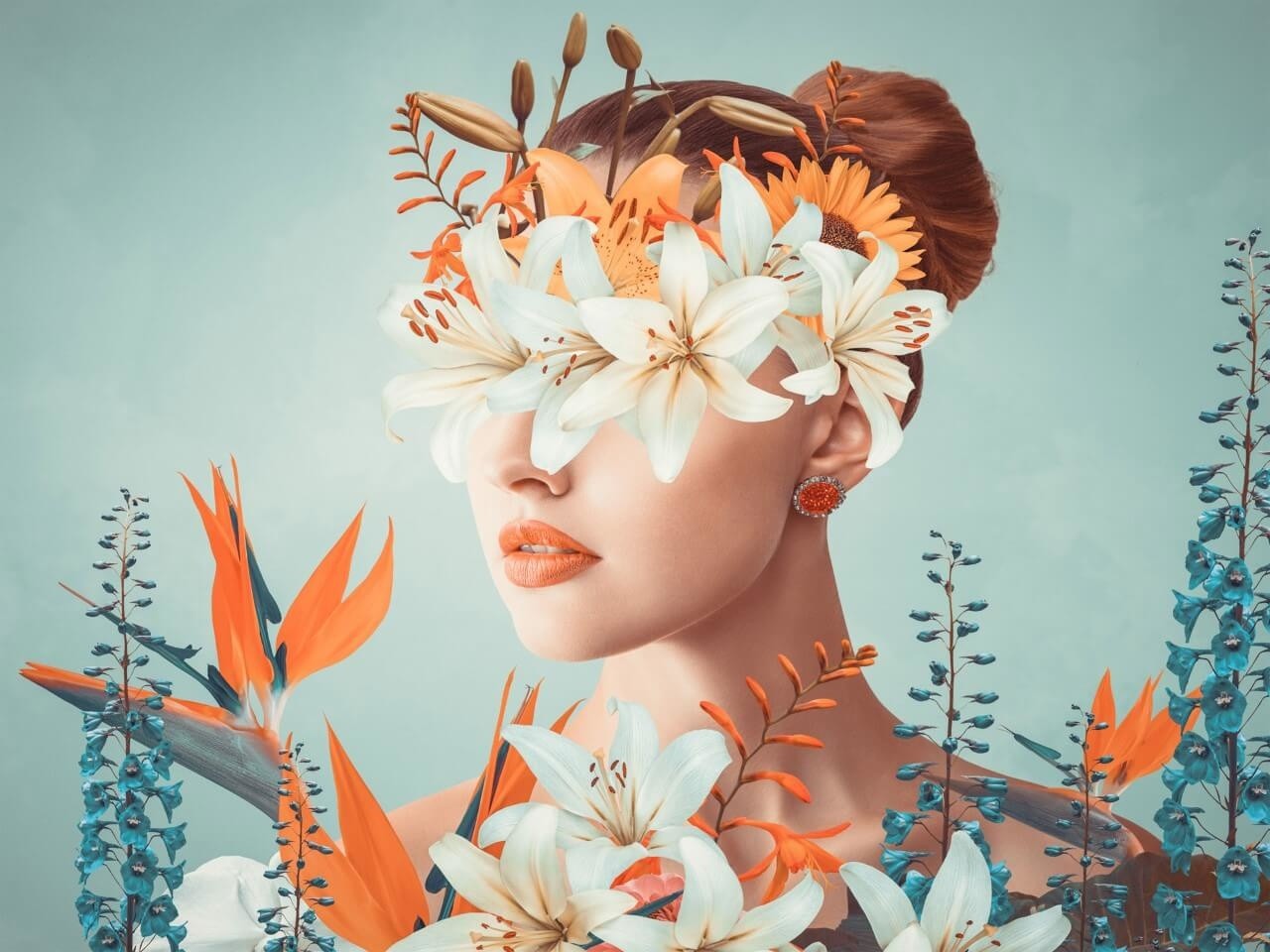 Schilderij Abstract hedendaags kunstcollage portret van vrouw met bloemen | 80 x 60 cm glasschilderij Schilderij Abstract hedendaags kunstcollage portret van vrouw met bloemen | 80 x 60 cm glasschilderij