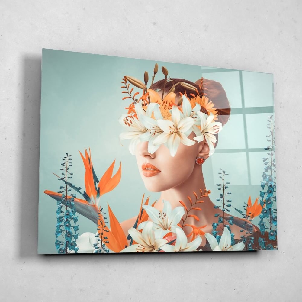 Schilderij Abstract hedendaags kunstcollage portret van vrouw met bloemen | 80 x 60 cm glasschilderij Schilderij Abstract hedendaags kunstcollage portret van vrouw met bloemen | 80 x 60 cm glasschilderij