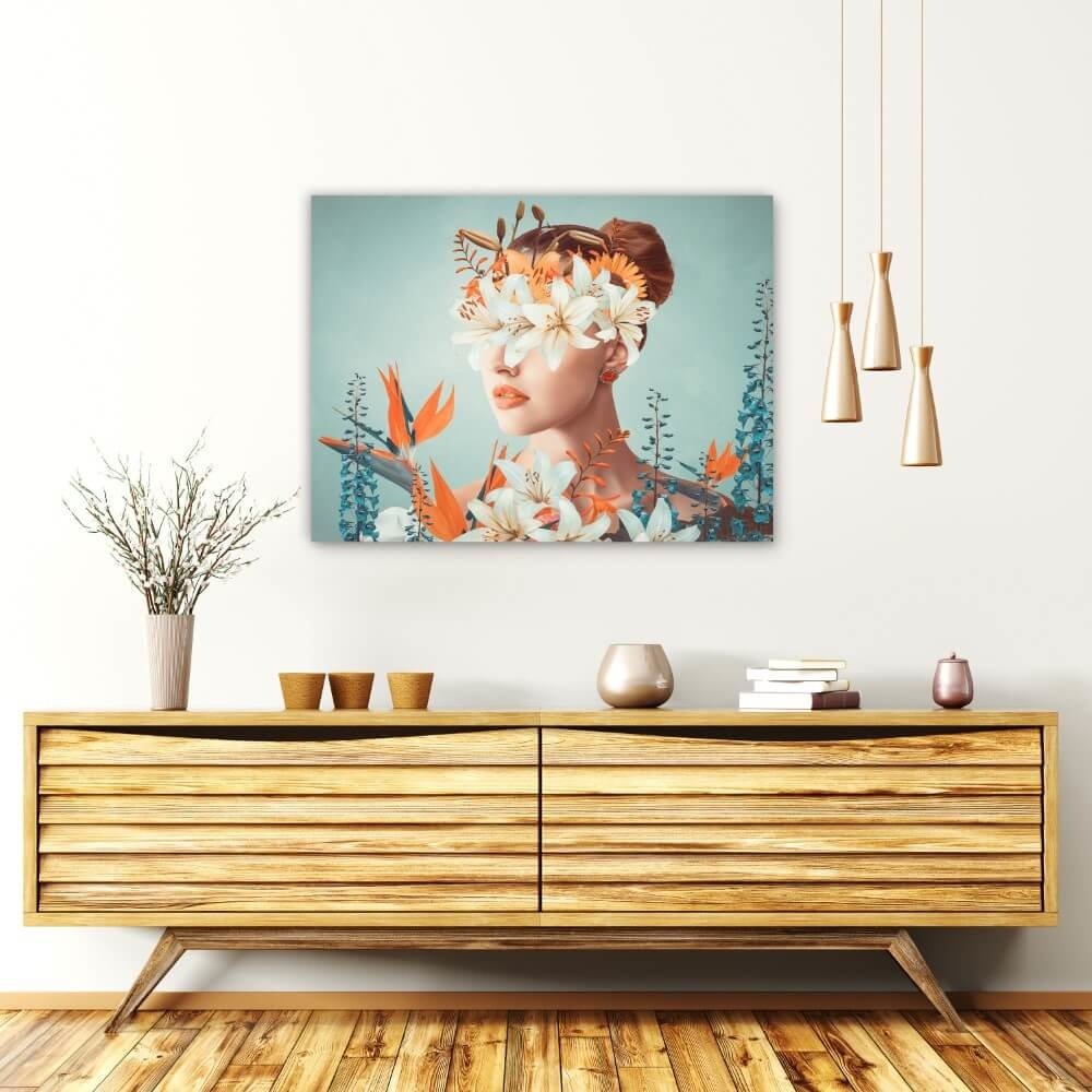 Schilderij Abstract hedendaags kunstcollage portret van vrouw met bloemen | 80 x 60 cm glasschilderij Schilderij Abstract hedendaags kunstcollage portret van vrouw met bloemen | 80 x 60 cm glasschilderij